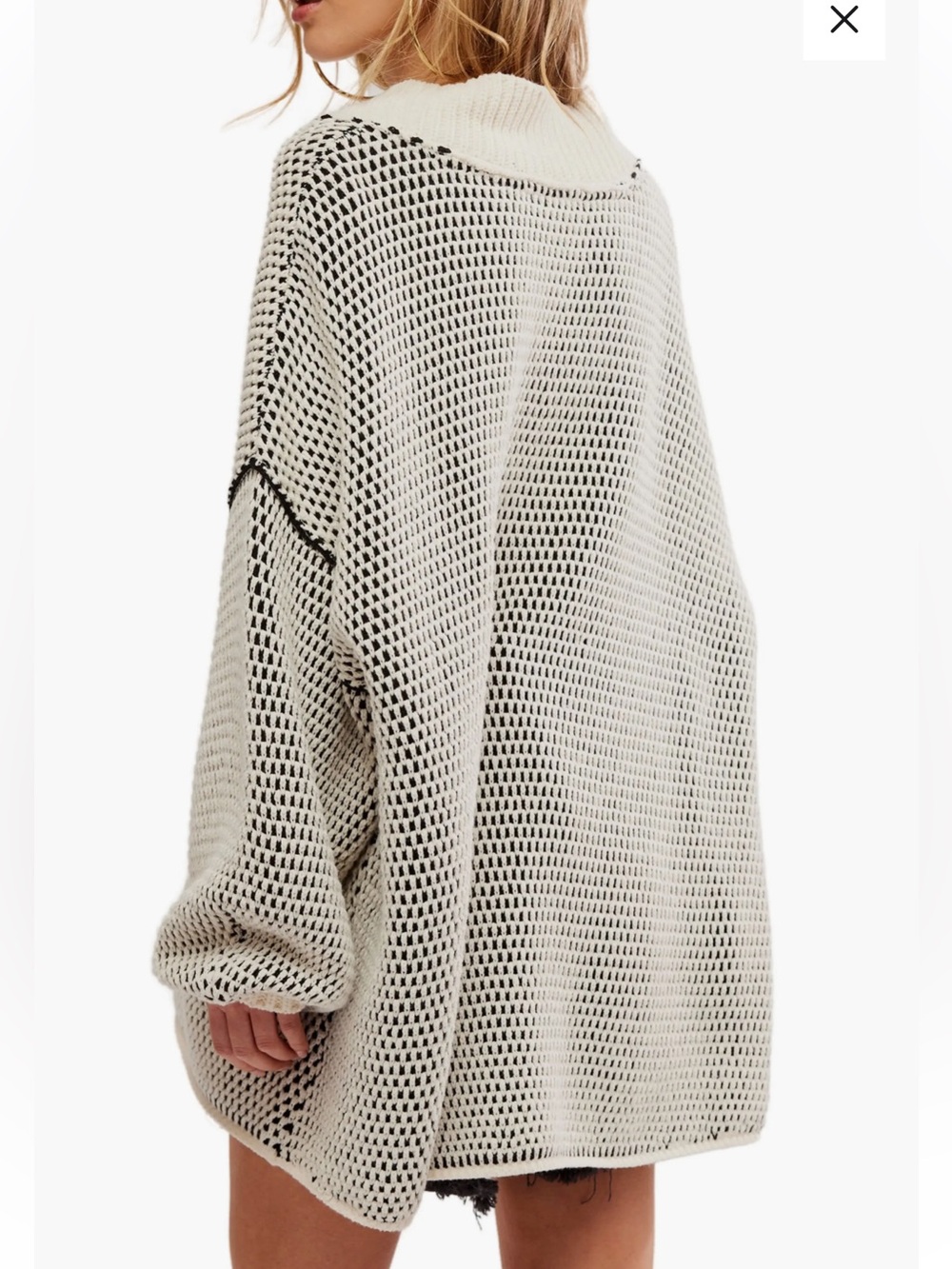 Free People Maisie Oversize Sweater Ivory Black Waffle Knit  XS Travel Cabin C6 - Picture 3 of 14